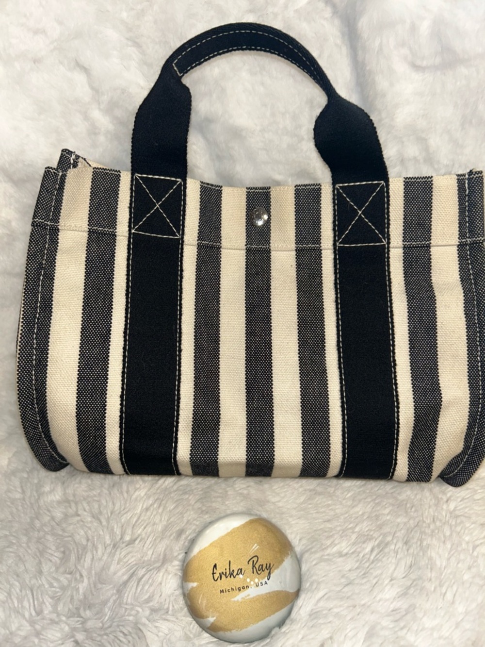 Hermes Black & White Striped Canvas Tote Bag - Picture 2 of 16